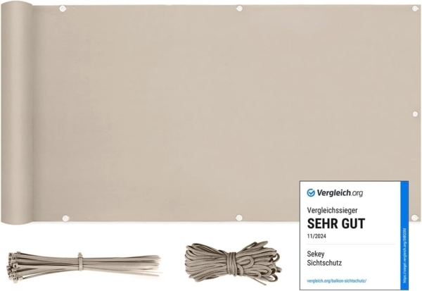 Sekey Balkon Sichtschutz Balkonabdeckung Balkonverkleidung blickdichte Wind- und UV-Schutz, 100% Privatsphäre, mit Ösen, Nylon Kabelbinder und Kordel, 75x600 cm Taupe