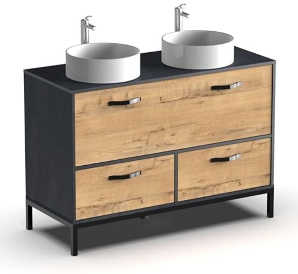 Muebles Pitarch | Doppelwaschtischmöbel, Breite 120 cm, industriell, Schwarz und Goldeneiche, mit Beinstruktur, 2 Schubladen und 1 Tür, für Aufsatzwaschbecken, Modell Sena