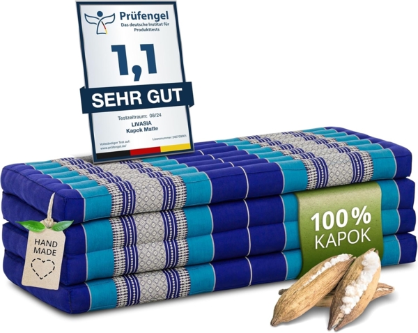 Nachhaltige Klappmatratze aus Kapok, breite Gästematratze vierteilig, Faltbare Matratze, ökologische Yogamatte, klappbares Gästebett, Liege für Garten und Balkon 200 x 110 x 8 cm (Blau)