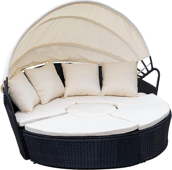 Ribelli Polyrattan Sonneninsel mit Faltbarem Sonnendach, Outdoor Gartenmöbel, Balkonmöbel, Wetterfest Sitzgruppe, Sonnenliege mit Sitz- und Rückenkissen, für Rasen, Terrasse, Balkon, Garten, Schwarz