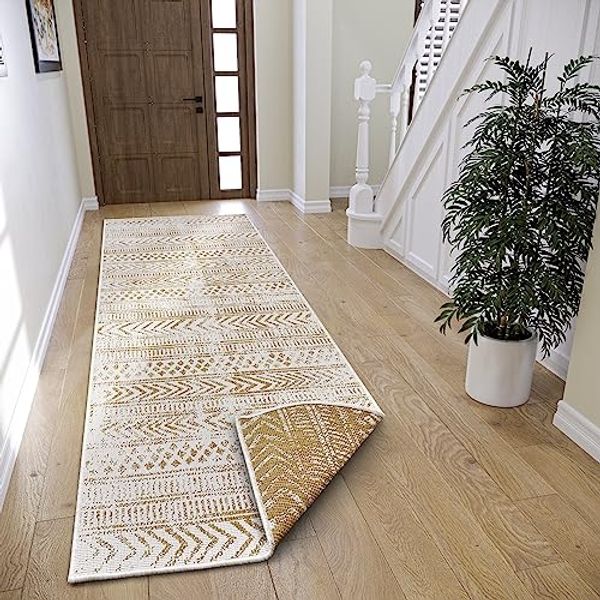 Hanse Home Northrugs Biri In- & Outdoor Wendeteppich - Flachgewebe, Boho Design, ÖKO-TEX, Wetterfest & UV-beständig für Balkon, Terrasse, Garten - Ocker, 80x350 cm