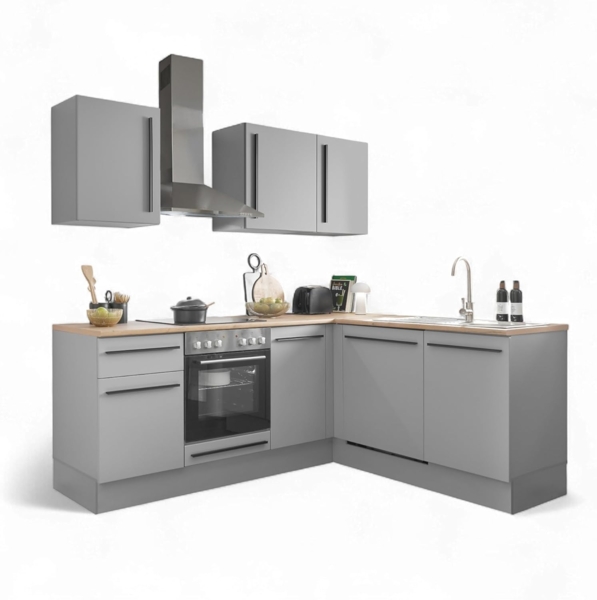 Denver Moderne Eckküche mit Elektrogeräten in Grau, Lancelot Eiche Optik - Geräumige Küchenzeile in L-Form mit viel Stauraum - 220 x 211 x 60 cm (B/H/T)