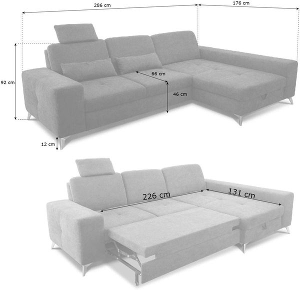 CAVADORE Ecksofa Bali / Trendige Sofaecke mit Longchair rechts, Kopfstütze & Nierenkissen / Inkl. Sitztiefenverstellung, Bett & Bettkasten / 286 x 92 x 176 / Flachgewebe: Grau Bild 3