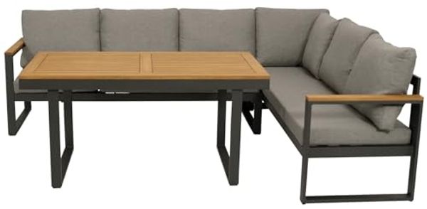 DEGAMO Garten-Essgruppe KAMPALA, (2-tlg, 1x Eckbank mit Polstern, 1x Tisch 70x140cm), Aluminium anthrazit, Oberflächen Akazie, wetterfest