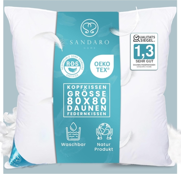 Sandaro Home Daunenkissen 1400 gr, 3-KAMMERN KISSEN, 80 x 80 cm, Bezug: Baumwolle