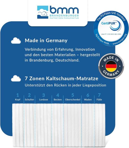 BMM Matratze 100x220 cm Klassik XXL Härtegrad H3 fest/Kaltschaummatratze Öko-Tex Zertifiziert/orthopädische 7 Zonen Matratze Höhe 12 cm/Matratzen produziert in Deutschland Bild 3