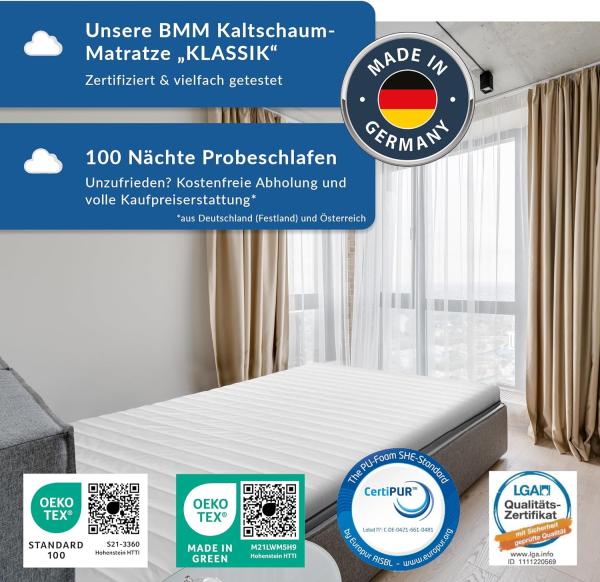 BMM Matratze 100x220 cm Klassik XXL Härtegrad H3 fest/Kaltschaummatratze Öko-Tex Zertifiziert/orthopädische 7 Zonen Matratze Höhe 12 cm/Matratzen produziert in Deutschland Bild 5