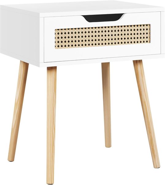 Yaheetech Nachttisch Rattan Beistelltish mit 1 Schublade Holzbeine Nachtschrank Nachtkommode Moderner Nachtkästchen für Wohnzimmer/Schlafzimmer, Weiß