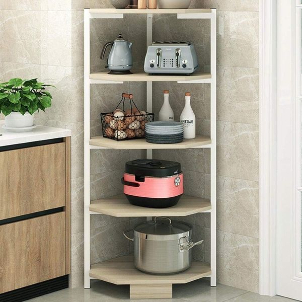 BAKAJI Eckregal 5 Ebenen Metallstruktur Holzböden Bücherregal Eckregal Mehrzweckregal Größe 40 x 40 x 120 cm Modernes industrielles Design (Weiß), Einheitsgröße