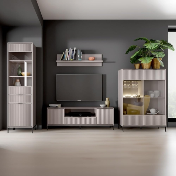 Lomadox Wohnwand LAURO-161, (4-St, Vitrine Wandregal Lowboard Highboard), Wohnzimmer Set Kaschmir beige modern mit Rillenoptik und Beleuchtung