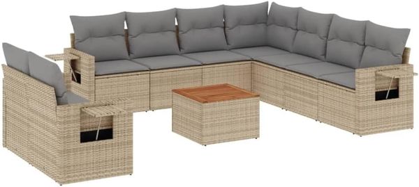 vidaXL 10-tlg. Garten-Sofagarnitur mit Kissen Beige Poly Rattan 3256962