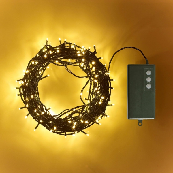 Lights4fun LED-Lichterkette 200er LED Batterie Außenlichterkette warmweiß grünes Kabel