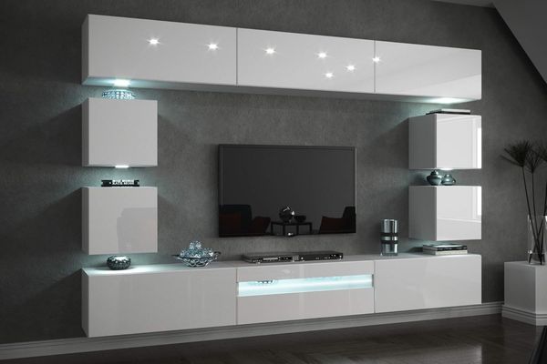 FURNITECH Future C81 Wohnzimmer Wandschrank Mediawand mit Led Beleuchtung Schrankwand Wohnwand Möbel (C81-HG-W2 1A (257 cm), LED blau)