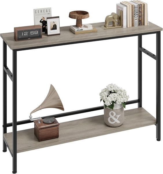 GarveeHome 2-Stöckiges Schmaler Konsolentisch, Beistelltisch Mit Metallgestell, Sofatisch Mit Verstellbarer Ablage, Für Flur, Wohnzimmer, 100 x 23 x 80 cm