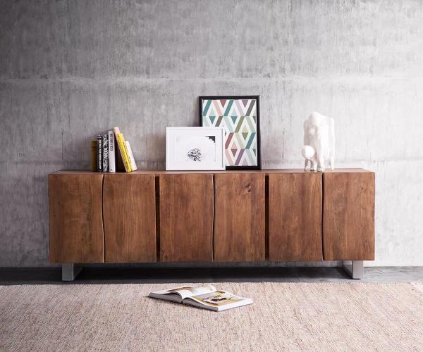 Kommode Live-Edge Akazie Braun 220 cm 6 Türen Massivholz Baumkante Sideboard