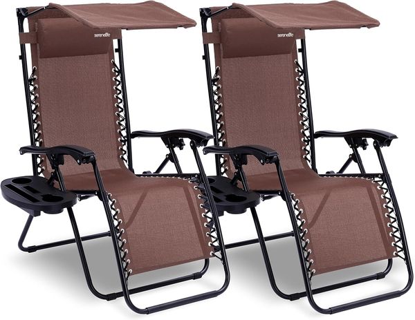 SereneLife Sonnenliege Klappbar 2er Set, Gartenliege Wetterfest zum Liegen & Relaxen, Deckchair mit mit Sonnendach, Beistelltisch & Getränkehalter, Campingstuhl Verstellbar mit Stahlrahmen bis 120 KG