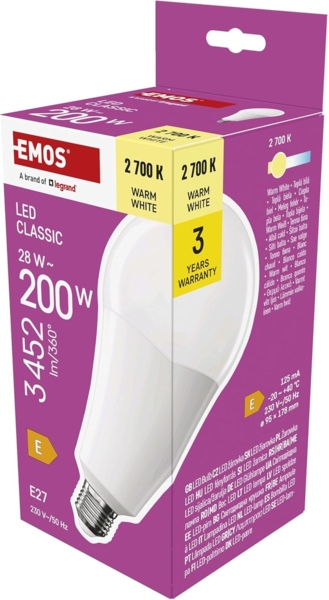 EMOS LED Lampe A95-Birne, 28W Ersatz für 200W Glühbirne, klassiche Birne in größerer Form, E27 Sockel, Helligkeit 3452 lm, Warmweiß 2700 K, 30000 h Lebensdauer, CRI min. 80, 180° Abstrahlwinkel