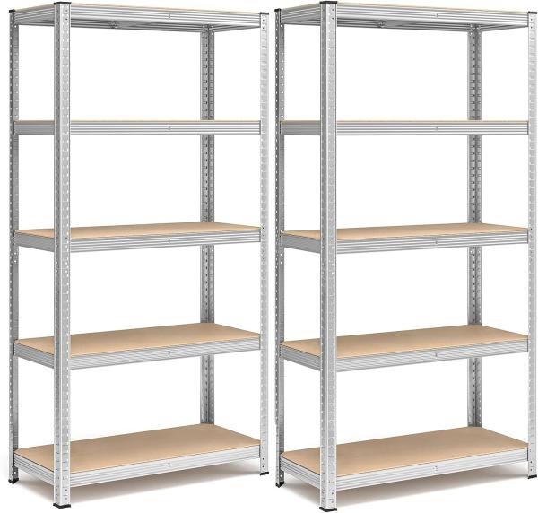 Songmics Lagerregale, Schwerlastregale, 2er Set, Kellerregale, 180 x 40 x 90 cm, bis 875 kg belastbar, Regale, Steckregale, verstärktes Stahlgestell, 5 verstellbare Ablagen, Silber