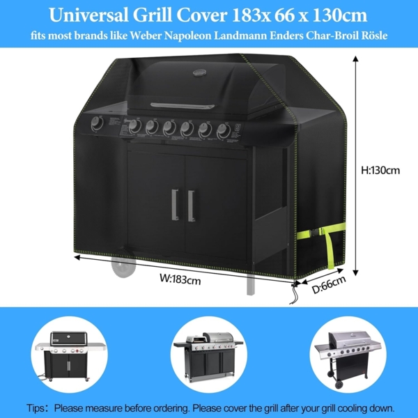 Grill Abdeckhaube, VDISRR Wetterfest Grillabdeckung, 420D Oxford Gasgrill Abdeckplane, Wasserdicht Grillschutzhülle, 183 x 66 x 130 cm, Reißfest, UV, Schutz Grill vor Verblassen, Rost und Schimmel Bild 2