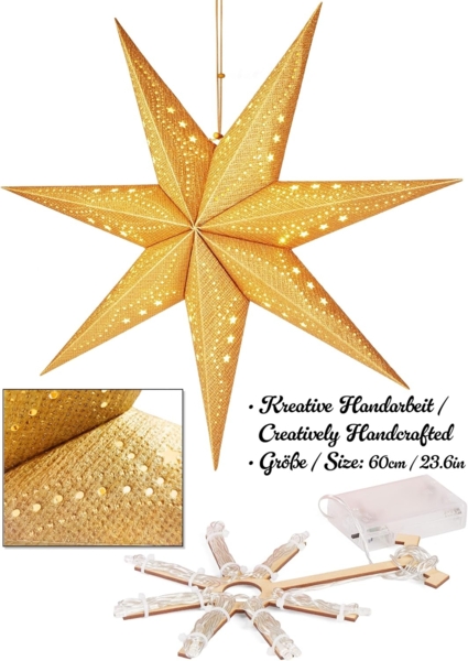 BRUBAKER LED Stern 3D Weihnachtsstern zum Aufhängen - LED Papierstern mit Timer, Batteriebetrieben und Beleuchtet, LED fest integriert, Warmweiß, 60 cm Adventsstern mit modernem Muster - Leuchtstern Deko Weihnachten Bild 3