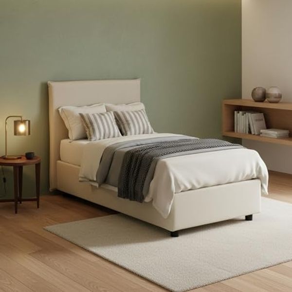 Talamo Italia - Chelsea-Einzelbett, Bettkasten mit Stoffbezug, 100 % Made in Italy, Öffnung vorne, geeignet für Matratze 90x190 cm, Beige
