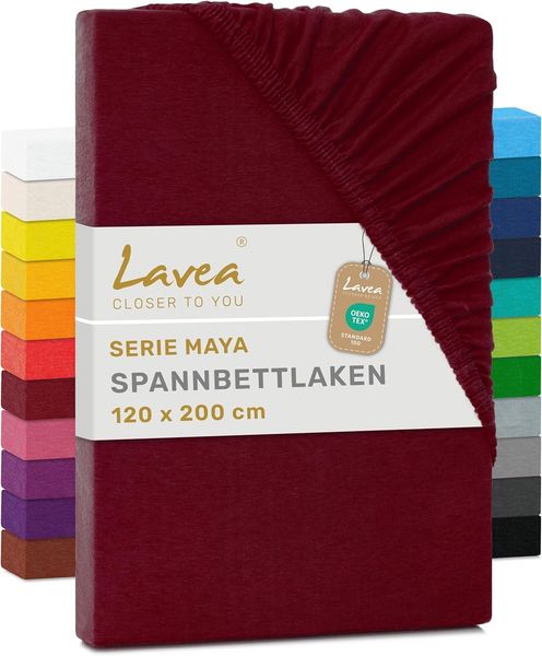 Jersey Spannbettlaken, Spannbetttuch, Lavea Serie Maya, 120x200 cm, Bordeaux, 100% Baumwolle, hochwertige Verarbeitung, mit Gummizug