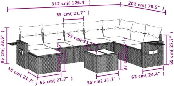 vidaXL 9-tlg. Garten-Sofagarnitur mit Kissen Braun Poly Rattan 3252910 Bild 3