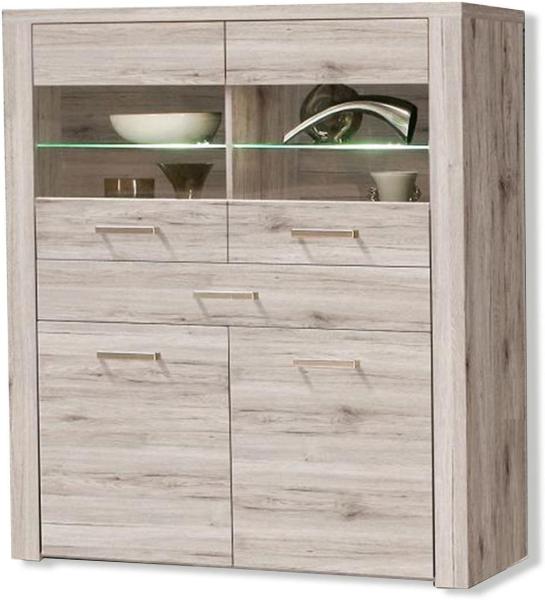 FORTE Portland Highboardvitrine mit LED Beleuchtung, Holzwerkstoff, Beige/Braun, 126,9 x 143,9 x 41,3 cm