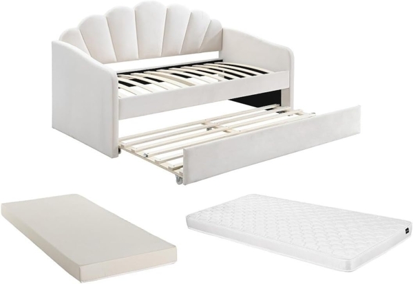 Vente-unique - Ausziehbett Muschelform - 2 x 90 x 190 cm - Samt - Beige + Matratze - ELUSIA