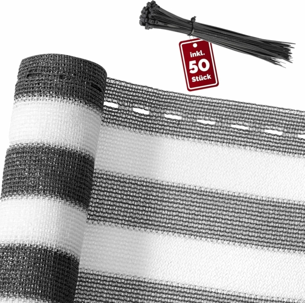 DETEX® Zaunblende 1,4 x 10m grau-weiß Balkonsichtschutz mit 50 Kabelbindern