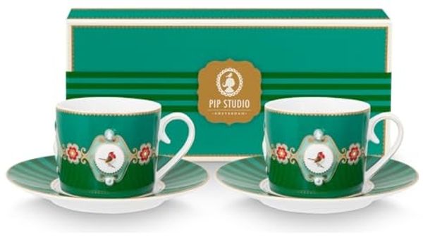PiP Studio Tasse Love Birds Medallion Emerald-Green Tasse mit Untertasse 0,2l Set2, Porzellan