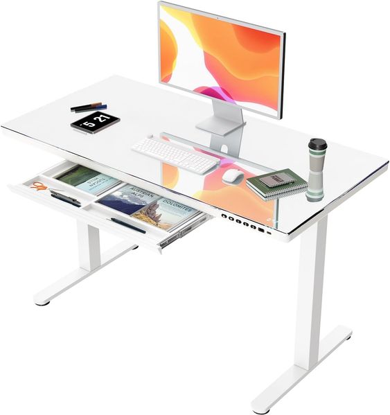JUMMICO Glas Höhenverstellbarer Schreibtisch, Elektrischer Schreibtisch mit Schublade, 120x60 cm Steh-Sitz-Schreibtisch, Standing Desk für Homeoffice, Weiß