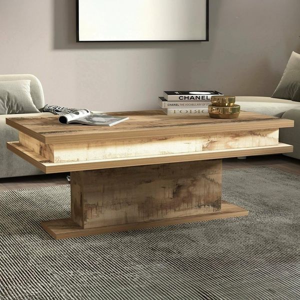 Dmora - Couchtisch Leon, Wohnzimmer-Couchtisch, niedriges Aufbewahrungselement, Couchtisch, 100 x 55 x 42 cm, Ahorn mit LED-Licht