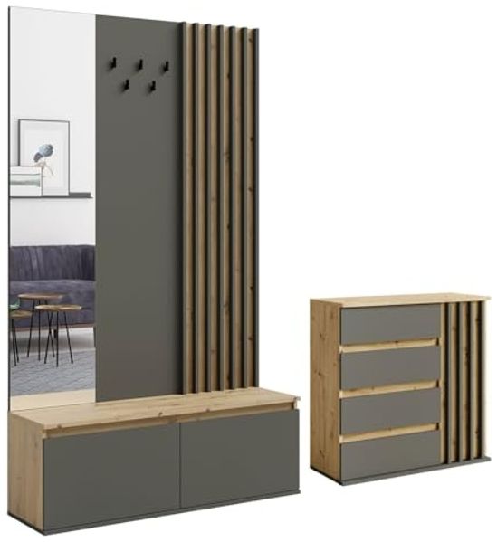 Garderoben-Set Doris Flurgarderobe 200 x 34 x 202 cm Artisan Eiche graphitgrau mit Spiegel