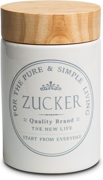 KHG Vorratsdose für Zucker aus Steinzeug mit Akazienholz‑Deckel – im Landhausstil, Steingut, Aufbewahrungsdose für Zucker, schützt Aroma da luftdicht verschließbar