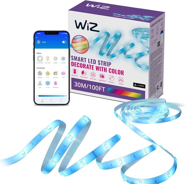 WiZ RGB LED Lightstrip - 30 m, anpassbar, 16 Mio. Farben + Weißtöne, voreingestellte Lichtmodi, verbindet sich mit Ihrem WLAN, Sprach- / App-Steuerung, funktioniert mit Google Home, Alexa und HomeKit