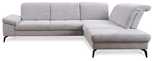 CAVADORE Ecksofa Carmen / Cord-Sofa in L-Form mit Ottomane und schwarzen Metallfüßen / 300 x 84 x 244 / Fein-Cord, Hellgrau