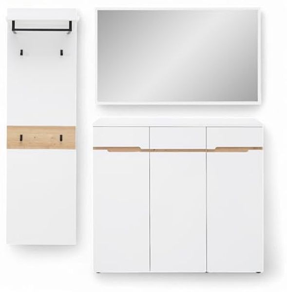 Stella Trading Memphis Flurgarderoben Set in Weiß, Artisan Eiche Optik - Modernes Garderobenset 3-teilig für Ihren Eingangsbereich - 181 x 190 x 38 cm (B/H/T)