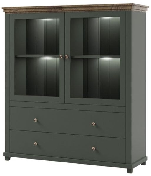 Highboard Elda Vitrinenschrank 126x42x138cm grün / Eiche Lefkas 2-türig