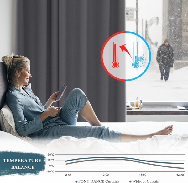 PONY DANCE Thermovorhang Kälteschutz Winter Graue Blickdichte Vorhänge Wärmeisolierend Ösenvorhang 2er Set H 245 x B 140 cm Verdunkelnde Gardinen Wohnzimmer Verdunkelungsvorhang Ösen Bild 3
