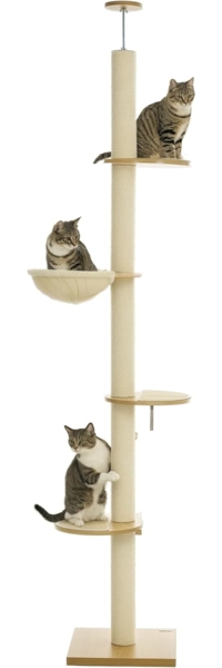 PawHut Kratzbaum Deckenhoch, 230-250 cm, mit Hängematte, höhenverstellbar, mit Kippschutz, Plüsch, Eiche+Cremeweiß