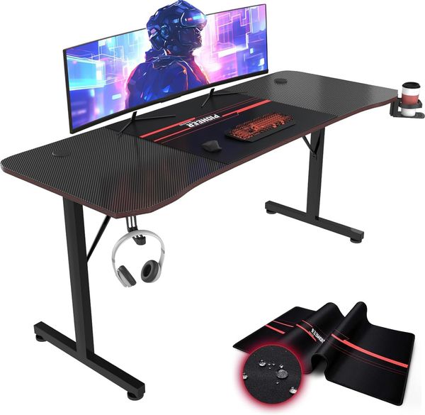 JUMMICO Groß Gaming Tisch 180cm, Gaming Schreibtisch PC Computertisch Ergonomischer Gamer Tisch zocker Tisch mit Kabelführungsfach, Kopfhörerhaken und Getränkehalter, 180x70 cm, Schwarz