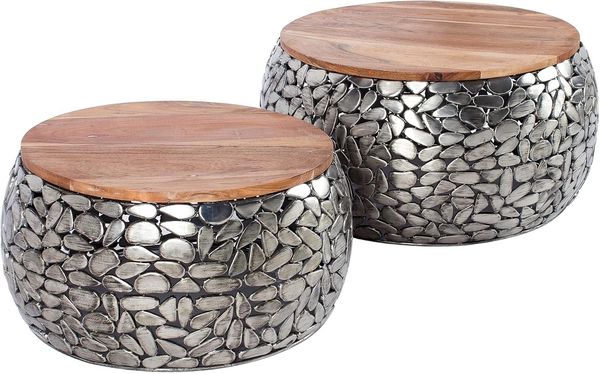 riess-ambiente Couchtisch STONE MOSAIC Ø65cm silber / natur (Set, 2-St), Wohnzimmer · Metall · Massivholz · rund · Mosaik Design · handmade