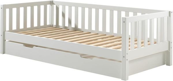 Kojen Bett Fritz mit Sprossenumrandung u. Rolllattenrost, Liegefläche 90x200, inkl. Bettschublade, Ausf. Weiß lackiert Bild 5