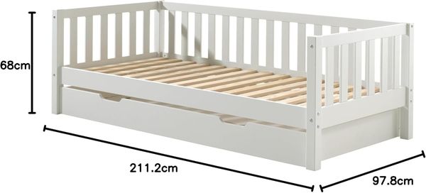 Kojen Bett Fritz mit Sprossenumrandung u. Rolllattenrost, Liegefläche 90x200, inkl. Bettschublade, Ausf. Weiß lackiert Bild 3