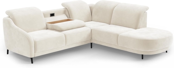 CAVADORE Ecksofa Blue/Eckcouch im modernen Design, Inkl. Kopfteilverstellung, Vorziehsitz motorisch, Klapptisch, USB-Anschluss und mattschwarzen Metallfüßen / 258 x 93 x 249 / Mikrofaser, Naturweiß Bild 4