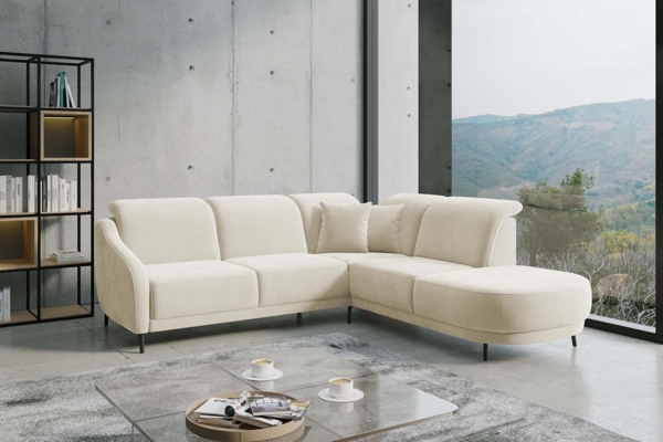 CAVADORE Ecksofa Blue/Eckcouch im modernen Design, Inkl. Kopfteilverstellung, Vorziehsitz motorisch, Klapptisch, USB-Anschluss und mattschwarzen Metallfüßen / 258 x 93 x 249 / Mikrofaser, Naturweiß Bild 2