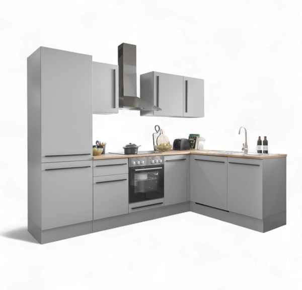 Stella Trading Denver Moderne Eckküche ohne Elektrogeräte in Grau, Lancelot Eiche Optik - Geräumige Küchenzeile in L-Form mit viel Stauraum - 280 x 211 x 60 cm (B/H/T)