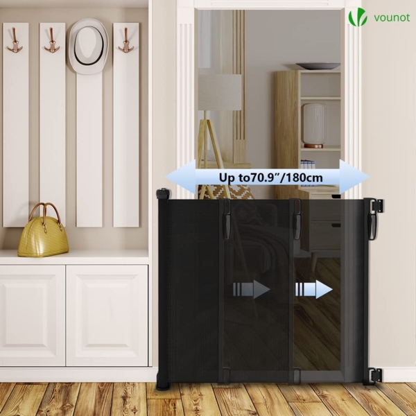 VOUNOT Treppenschutzgitter Ausziehbar Türschutzgitter Roll 0-180cm, Einziehbar Treppenschutzrollo für Hunde, Katzen, Schwarz Bild 2