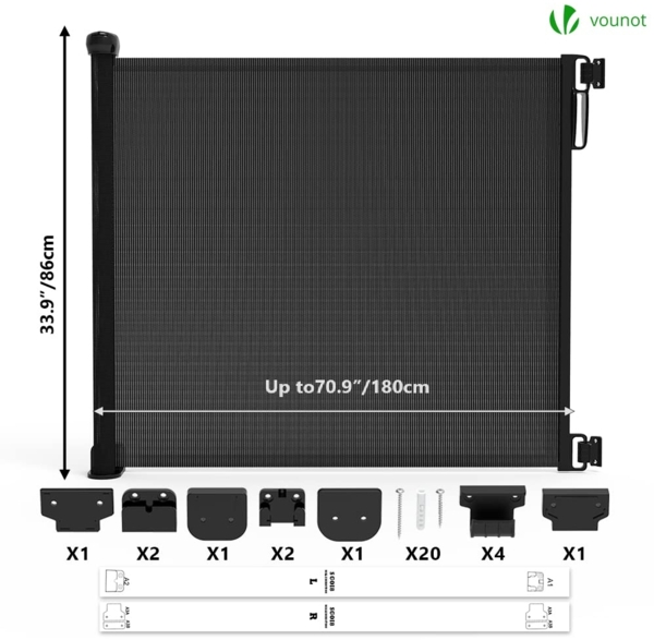 VOUNOT Treppenschutzgitter Ausziehbar Türschutzgitter Roll 0-180cm, Einziehbar Treppenschutzrollo für Hunde, Katzen, Schwarz Bild 3